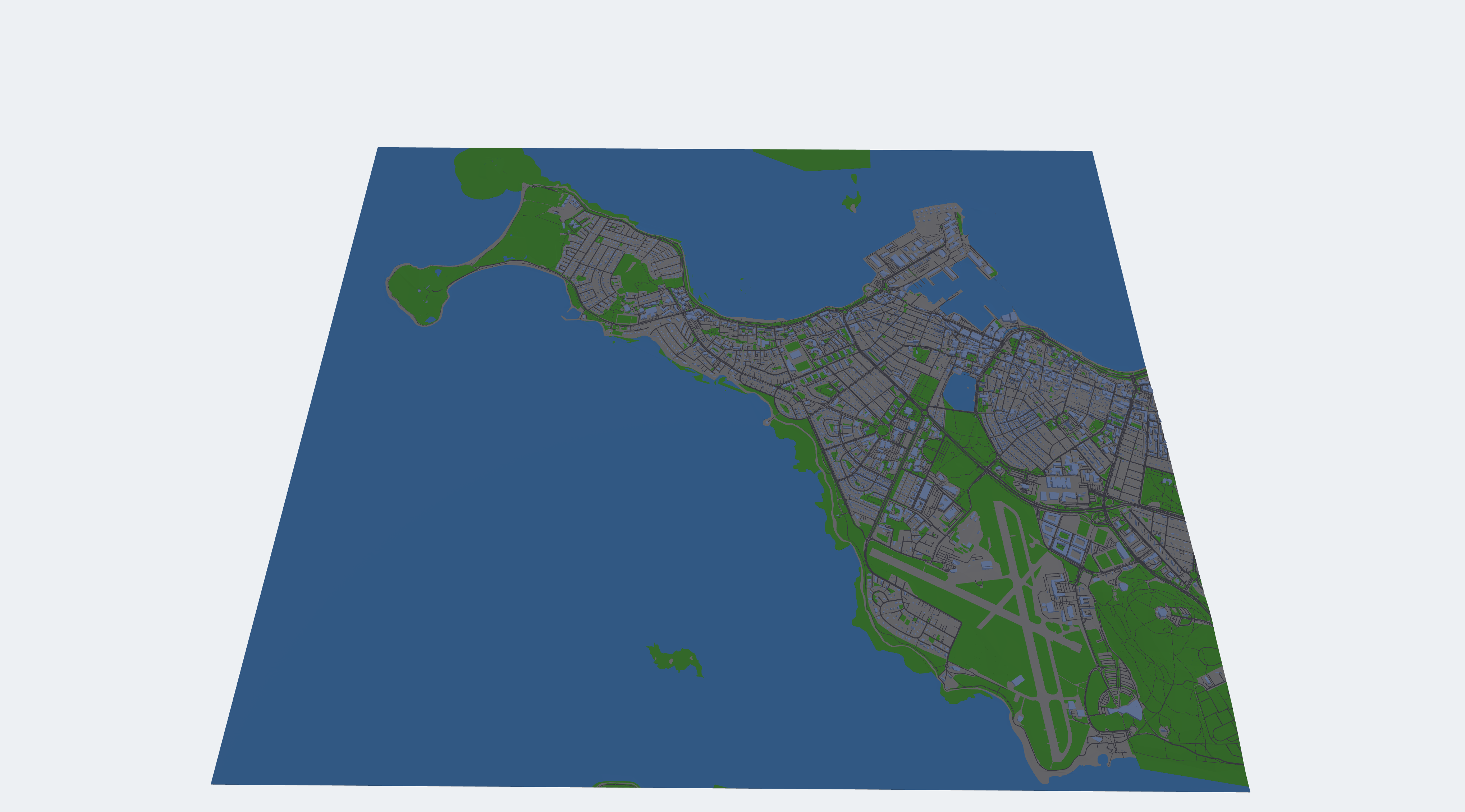 3D printed model of Reykjavík's harbor and low-rise center, generated by Map2Mesh